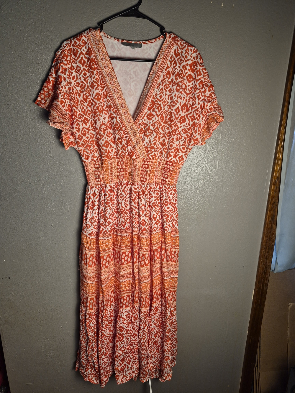 J. Gee Orange and White Printed V-Neck Midi Dress